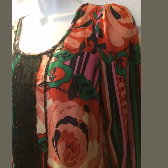 Anthro ODILLE Minted Melon Silk Blouse Lace Trim Colorful Top Shirt Pink Green - Picture 6 of 8